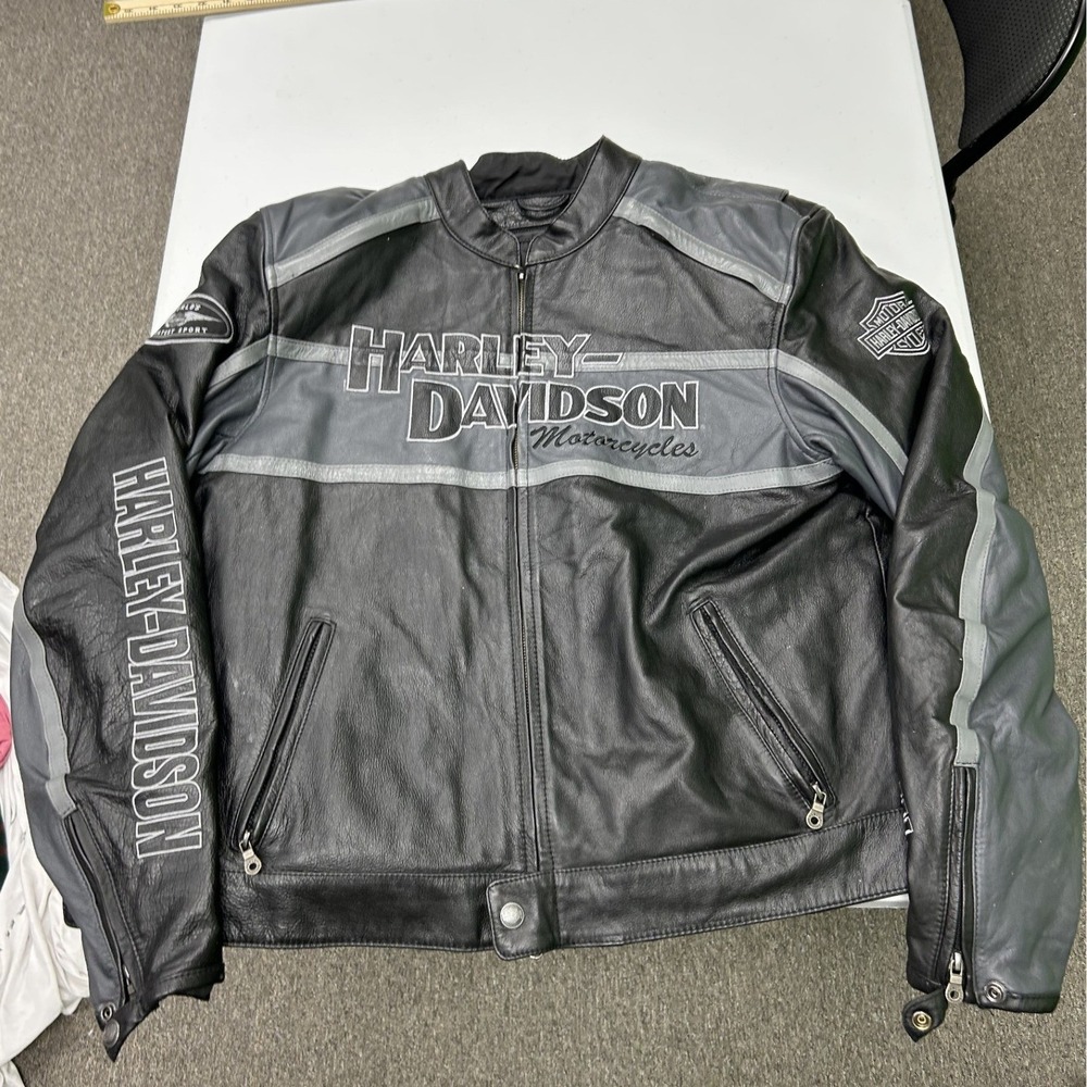 Harley Davidson Leather Jacket Mens XL Black Grey Embroidered Moto Colorblock